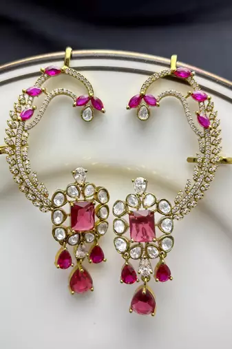 Kundan Red Stone Ear Cuff Earrings, Gold Plated Jhumka, Indian Bridal Jewelry