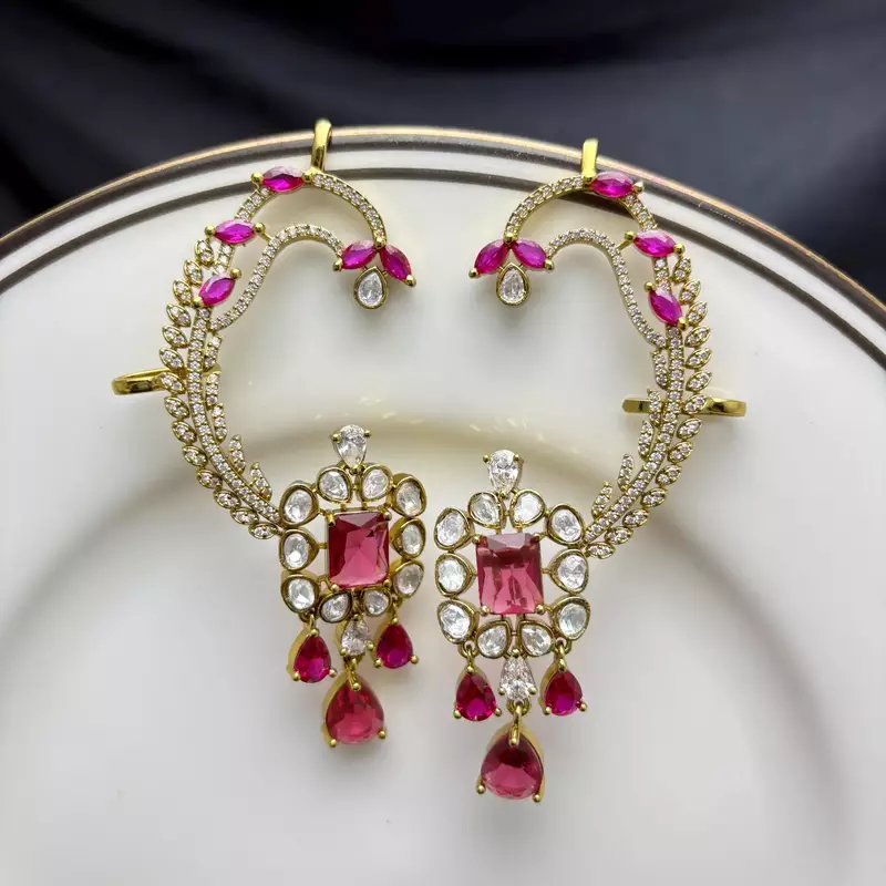 Kundan Red Stone Ear Cuff Earrings, Gold Plated Jhumka, Indian Bridal Jewelry