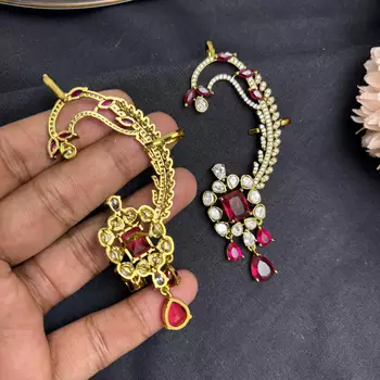Kundan Red Stone Ear Cuff Earrings, Gold Plated Jhumka, Indian Bridal Jewelry 4