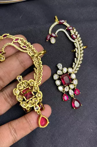 Kundan Red Stone Ear Cuff Earrings, Gold Plated Jhumka, Indian Bridal Jewelry