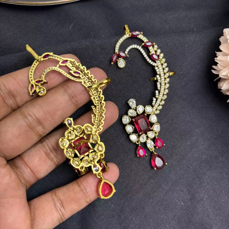 Kundan Red Stone Ear Cuff Earrings, Gold Plated Jhumka, Indian Bridal Jewelry
