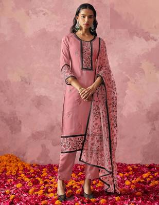 Pink georgette thread embroidery & sequins free size suit 1