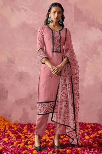 Pink georgette thread embroidery & sequins free size suit