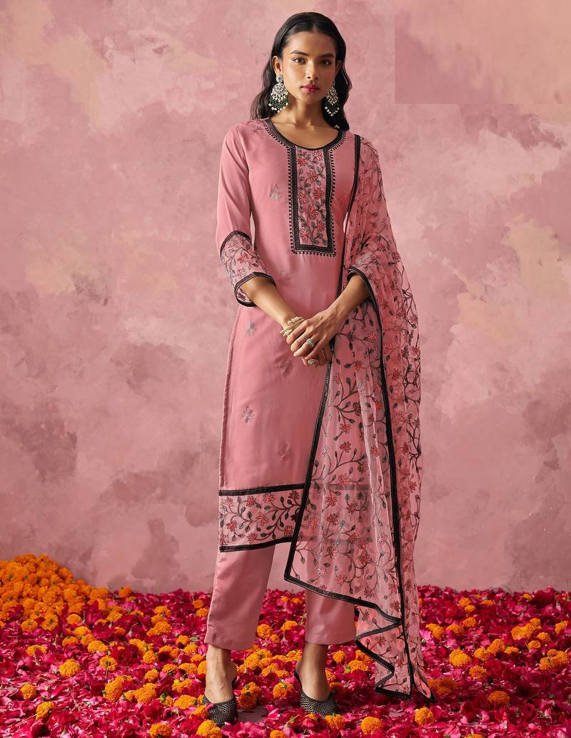 Pink georgette thread embroidery & sequins free size suit