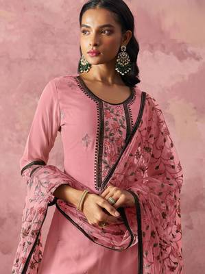 Pink georgette thread embroidery & sequins free size suit 2