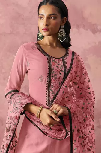 Pink georgette thread embroidery & sequins free size suit