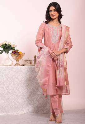 Baby pink silk blend embroidered free size suit 1