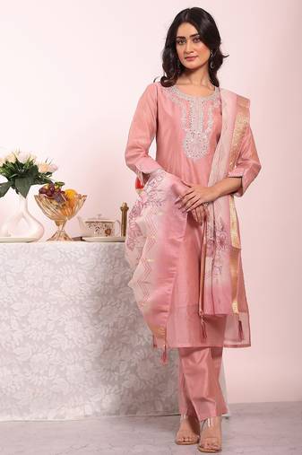 Baby pink silk blend embroidered free size suit