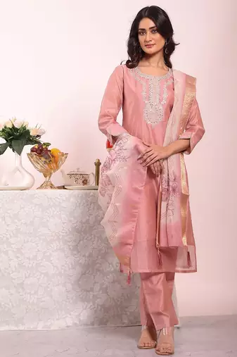 Baby pink silk blend embroidered free size suit