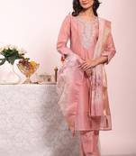 Baby pink silk blend embroidered free size suit
