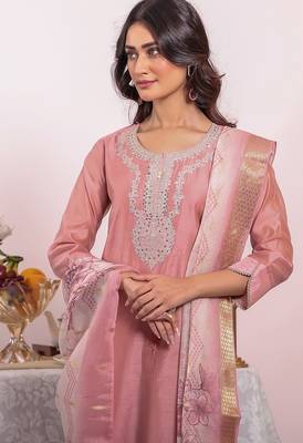 Baby pink silk blend embroidered free size suit 2