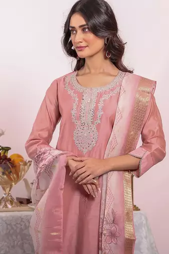 Baby pink silk blend embroidered free size suit