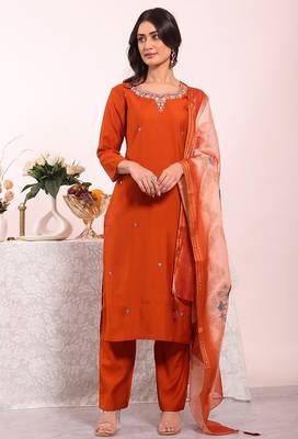 Orange silk blend embroidered free size suit 1