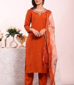 Orange silk blend embroidered free size suit