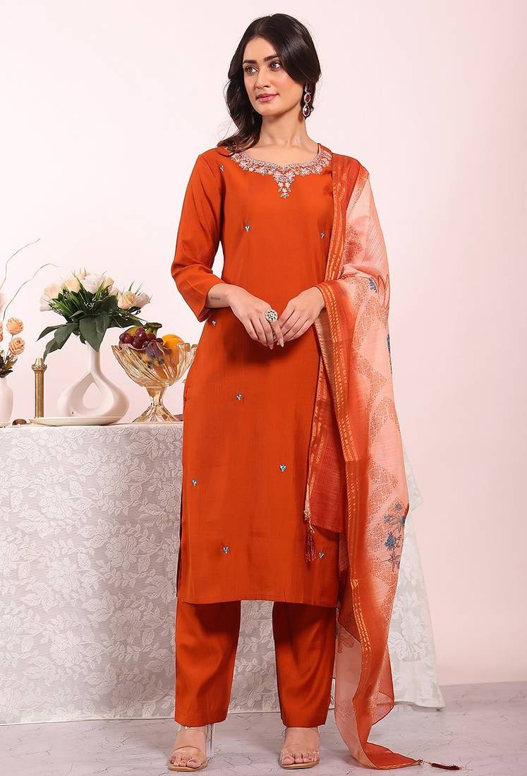 Orange silk blend embroidered free size suit