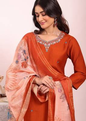 Orange silk blend embroidered free size suit 2