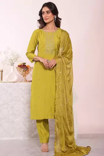 Olive silk blend embroidered free size suit