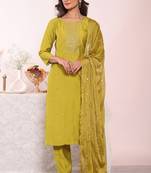 Olive silk blend embroidered free size suit