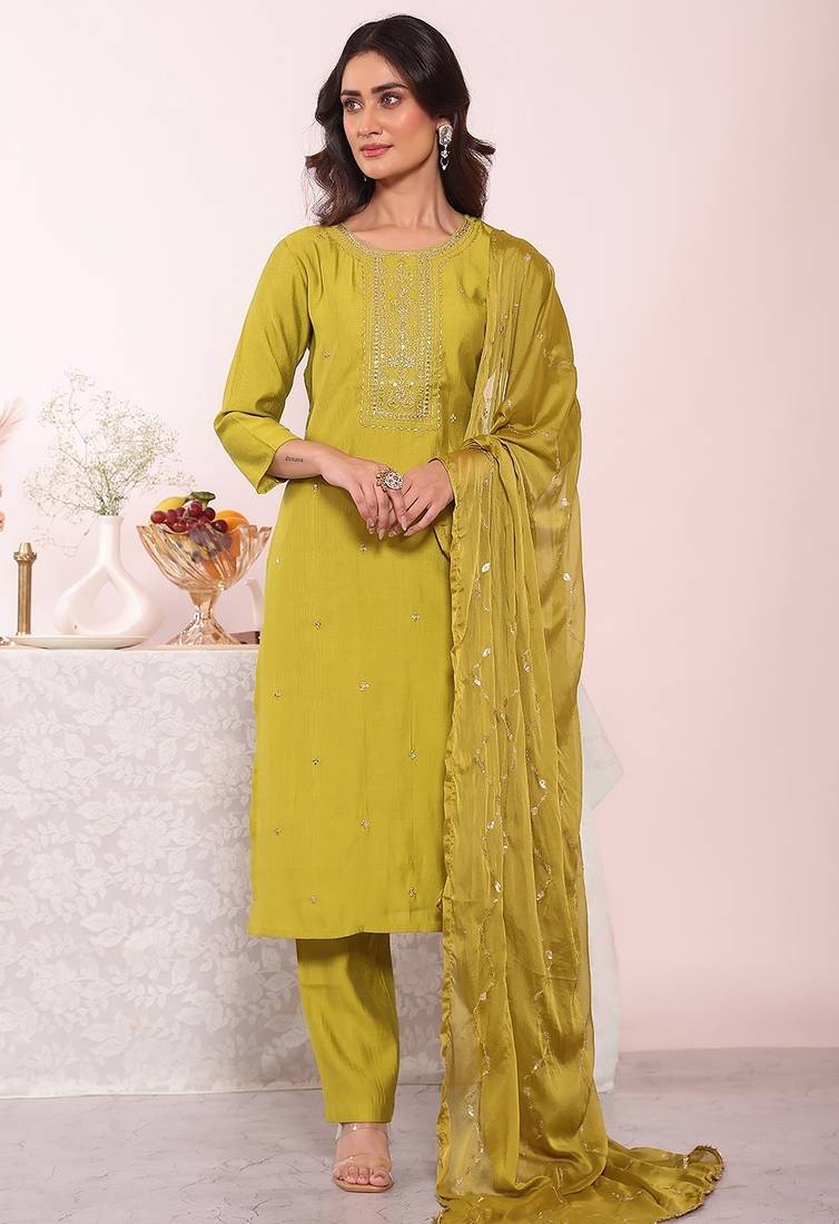 Olive silk blend embroidered free size suit