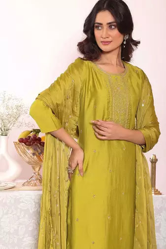 Olive silk blend embroidered free size suit