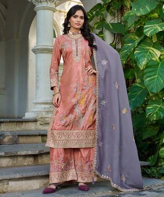 Peach shimmer embroidered free size suit 1