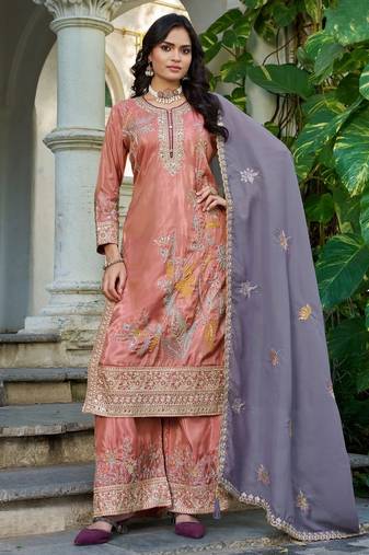 Peach shimmer embroidered free size suit