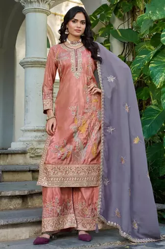 Peach shimmer embroidered free size suit