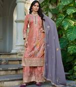 Peach shimmer embroidered free size suit
