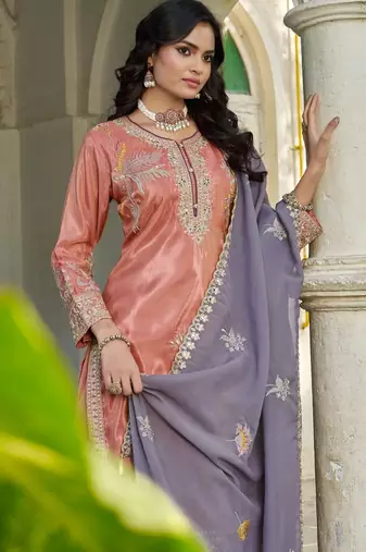 Peach shimmer embroidered free size suit
