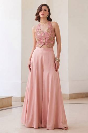 Pink silk blend embroidered thread and sequins free size suit