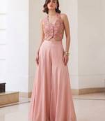 Pink silk blend embroidered thread and sequins free size suit