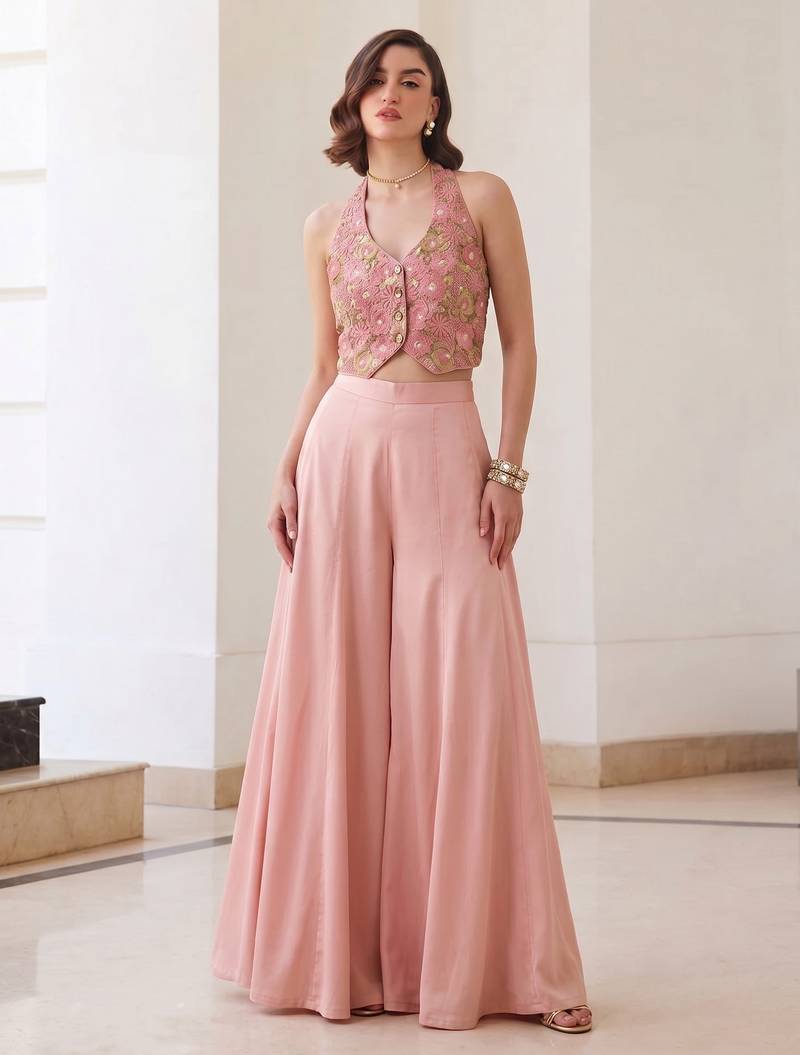 Pink silk blend embroidered thread and sequins free size suit