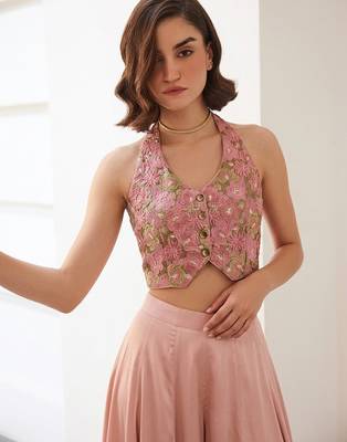 Pink silk blend embroidered thread and sequins free size suit 2