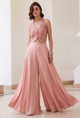 Pink silk blend embroidered thread and sequins free size suit 4