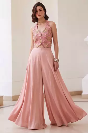 Pink silk blend embroidered thread and sequins free size suit