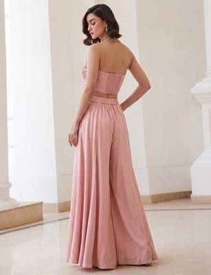 Pink silk blend embroidered thread and sequins free size suit 5