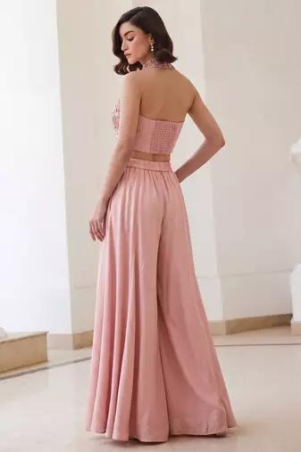 Pink silk blend embroidered thread and sequins free size suit