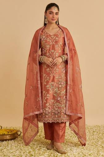 Orange silk blend embroidered   multi thread and sequins work heavy floral motifs gold zari work free size suit