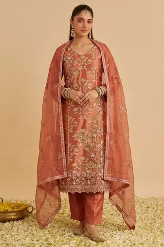 Orange silk blend embroidered   multi thread and sequins work heavy floral motifs gold zari work free size suit