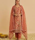 Orange silk blend embroidered   multi thread and sequins work heavy floral motifs gold zari work free size suit
