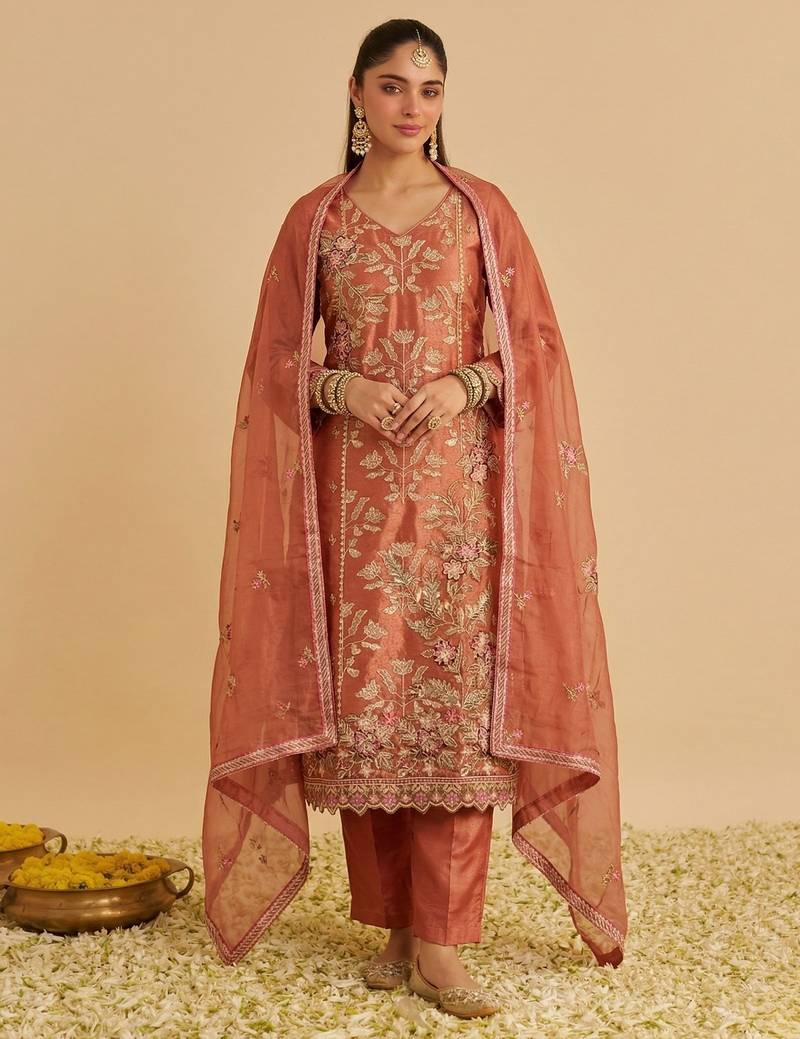Orange silk blend embroidered   multi thread and sequins work heavy floral motifs gold zari work free size suit