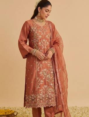 Orange silk blend embroidered   multi thread and sequins work heavy floral motifs gold zari work free size suit 2
