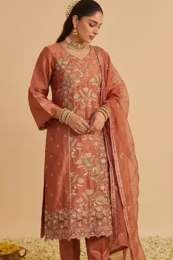 Orange silk blend embroidered   multi thread and sequins work heavy floral motifs gold zari work free size suit