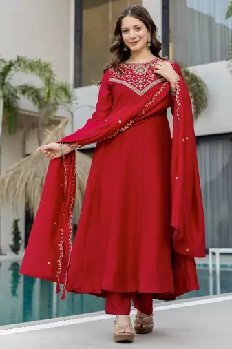 Red silk blend embroidered   sequins free size suit
