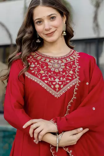 Red silk blend embroidered   sequins free size suit