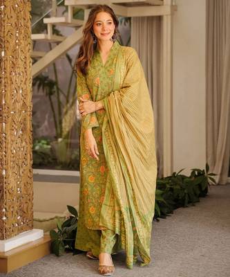 Green blended cotton printed free size suit 1