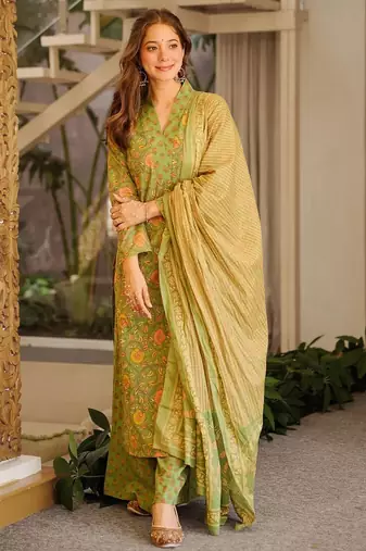 Green blended cotton printed free size suit