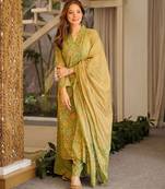 Green blended cotton printed free size suit