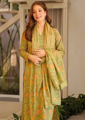 Green blended cotton printed free size suit 2
