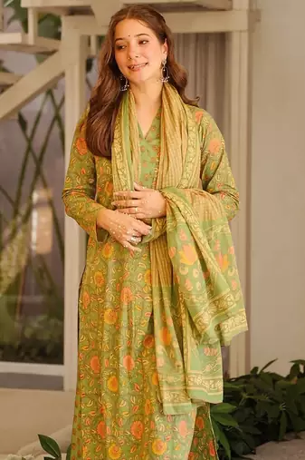 Green blended cotton printed free size suit